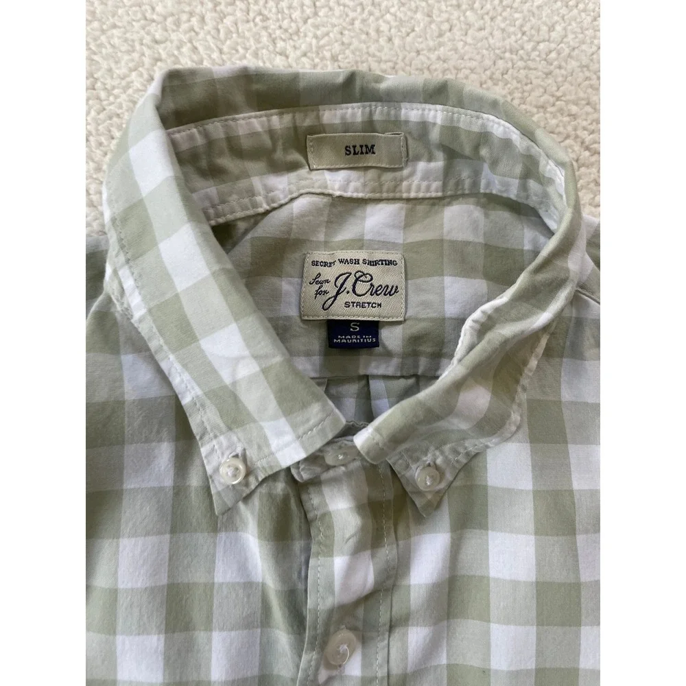 J.Crew Mens Small Secret Wash Button Down Shirt Green Gingham Check Slim Stretch